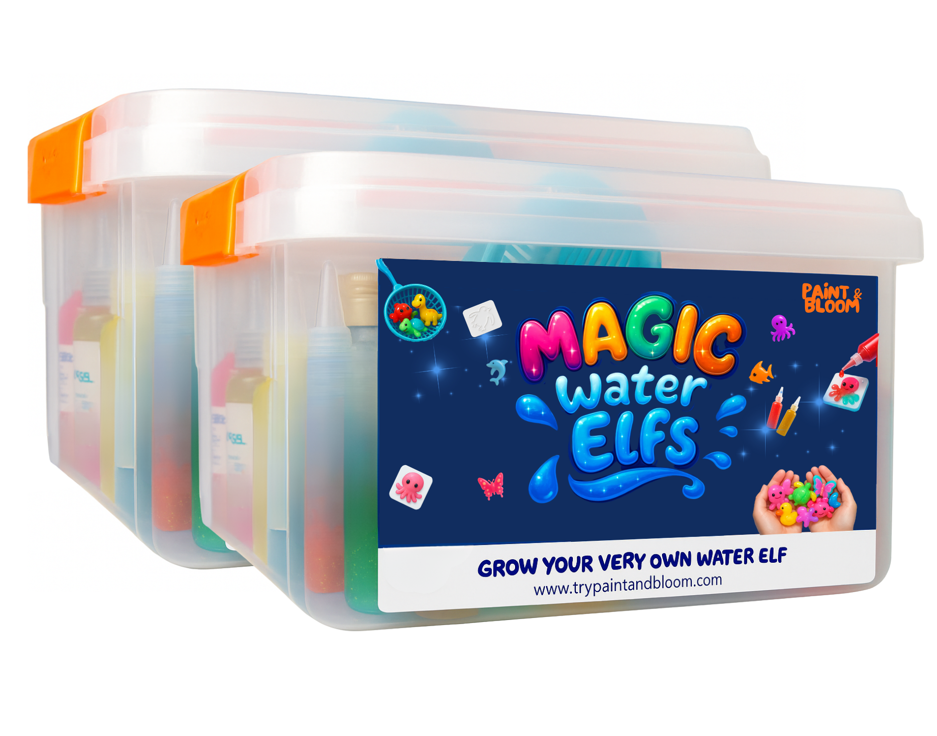 Container of Magic Water Elves with colorful packaging on a white background-fr-de